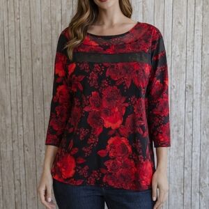Women's Adele & May Floral Blouse Size XL Red Black Long Sleeve